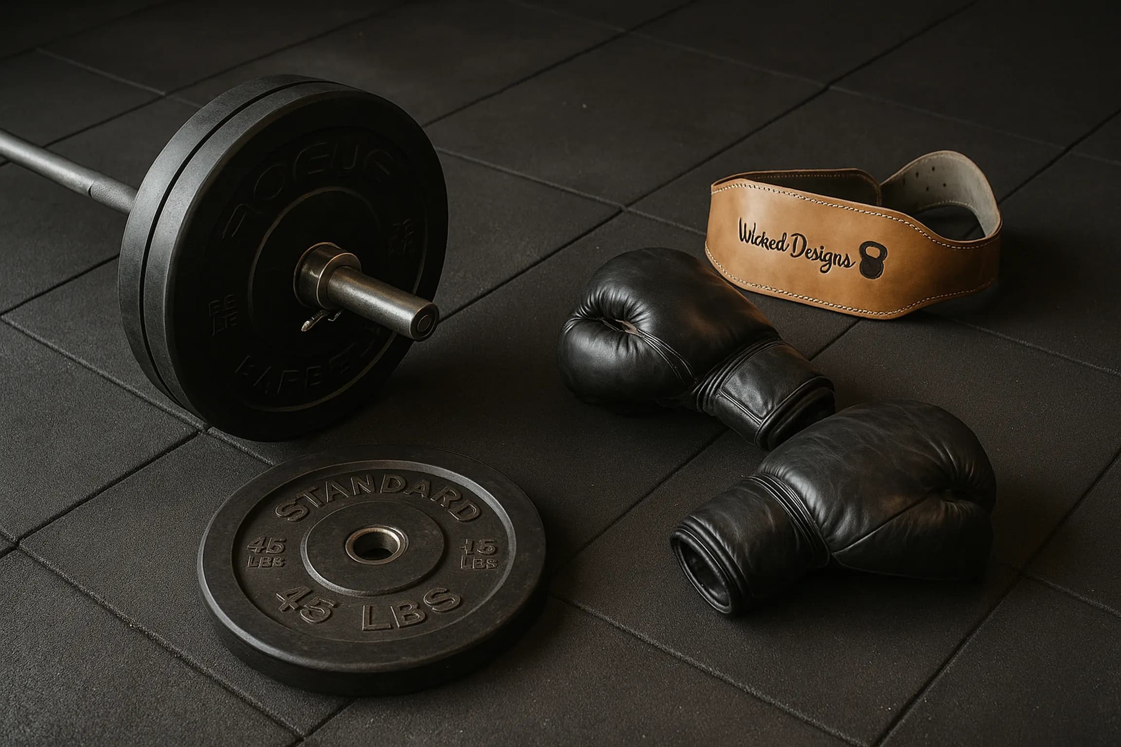 A barbell with weight plates, a pair of black boxing gloves, a 45 lbs weight plate, and a brown leather weightlifting belt with the text "Wicked Designs" are arranged on a black gym mat.