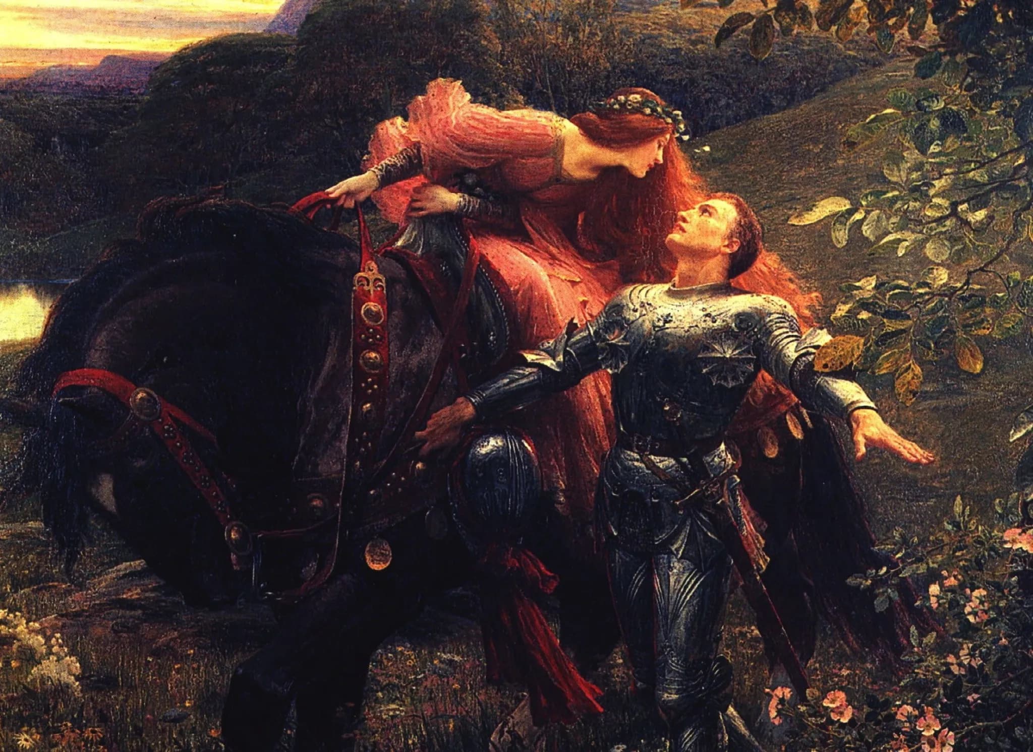 A romantic painting of a knight in shining armor reaching toward a beautiful woman with flowing red hair, who is leaning down from a black horse. The scene is set in a lush, sunlit landscape.